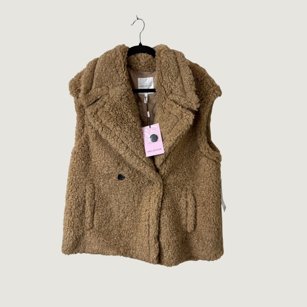 Avec Les Filles Teddy Faux Shearling Vest Camel Brown L Boho Fall Layering NWT